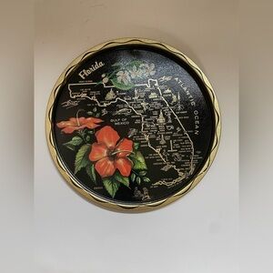 Vintage Map Of Florida Souvenir Tray Decorative Metal Hibiscus Flower